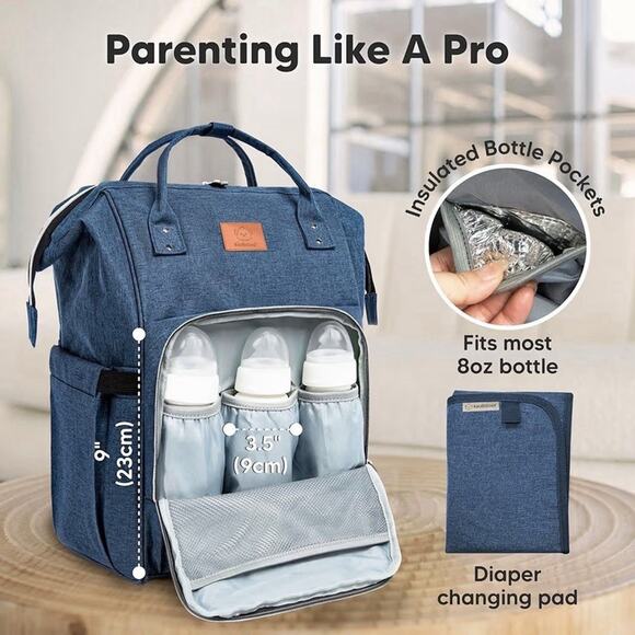 NEW KeaBabies Diaper Bag Backpack Navy Blue Waterproof w/ Changing Pad - Picture 4 of 9